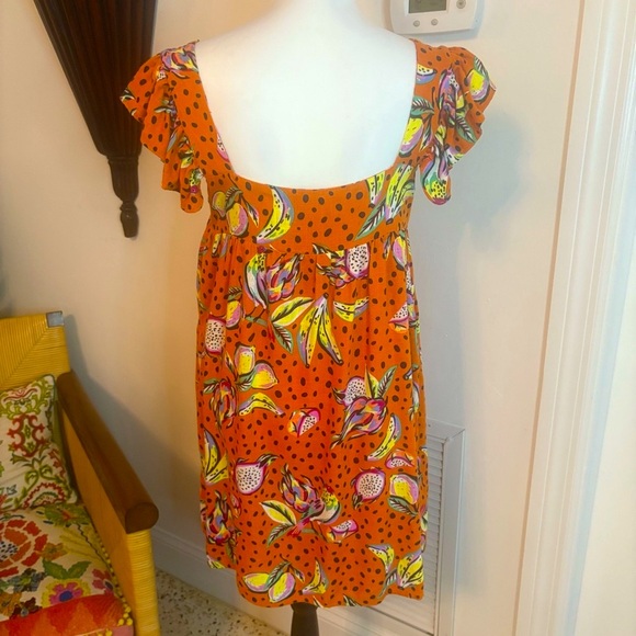 ANTHROPOLOGIE KOURT Burnt Orange Fruit & Dot Print Babydoll Dress! Rayon Linen! - Picture 7 of 16